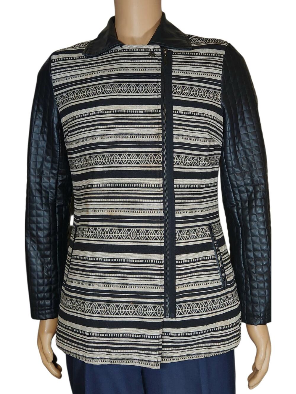YOKI PolyesterWool Black Off-white Tapestry Jacket Womens XL Zip Faux Leather